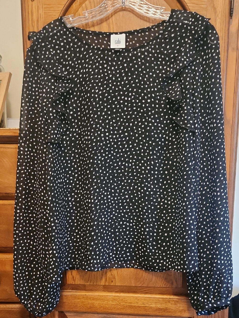 CAbi Black and White Polka Dot Ruffle Blouse